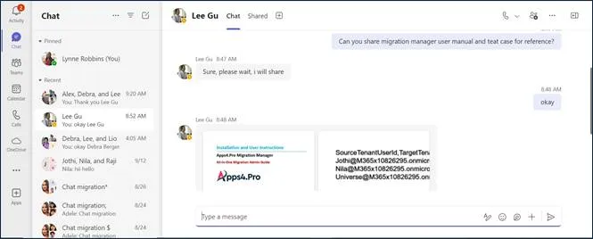 Microsoft Teams one-on-one chat conversation in the Source Tenant