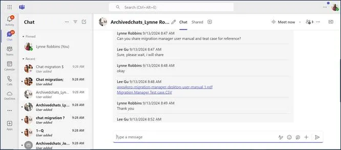 Office 365 Teams one-on-one chat conversation in the Target tenant