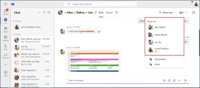 Microsoft Teams group chat conversation with participants in the source environment.