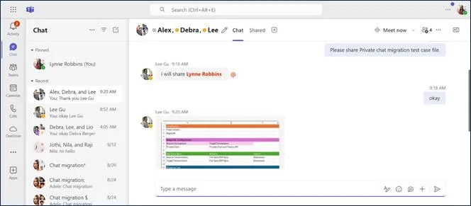 Microsoft Teams group chat conversation in the Source Tenant