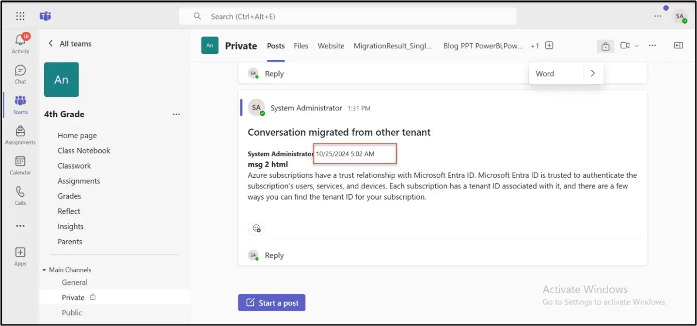 Microsoft EDU Teams tab in the target tenant  
