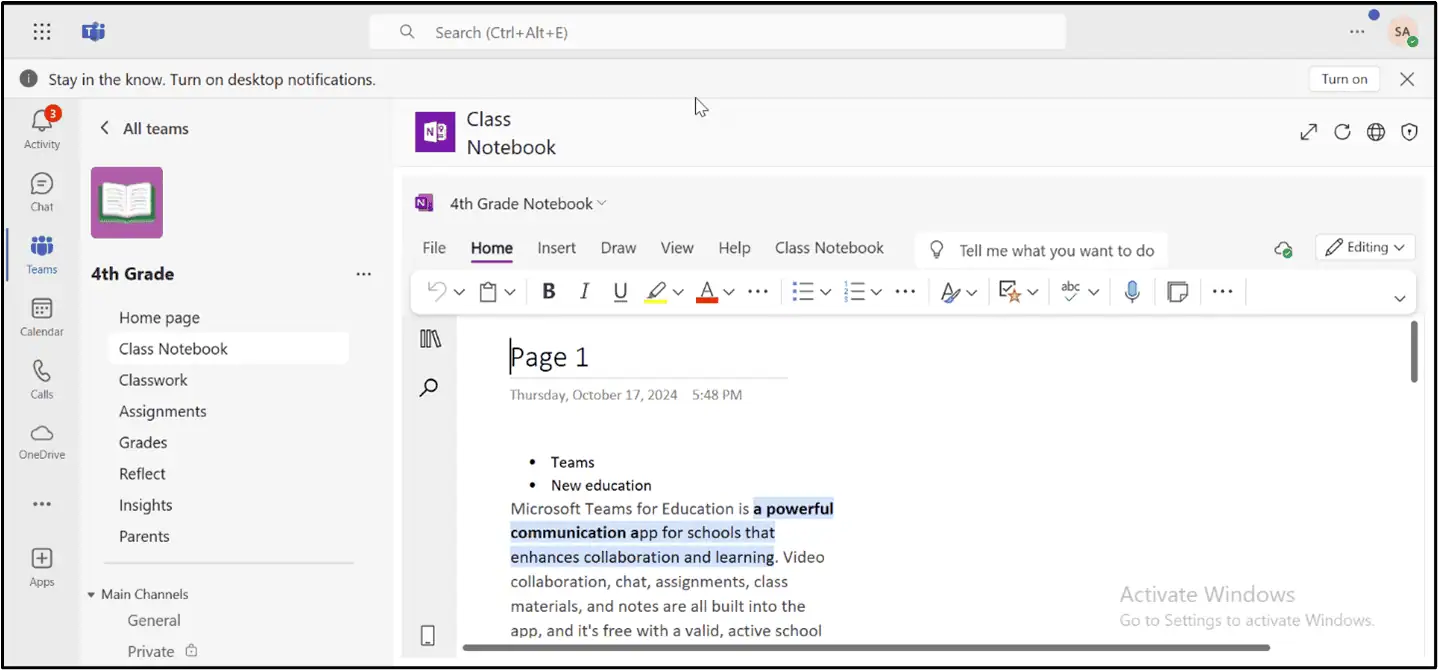 Microsoft Education Teams Notebook in the source 