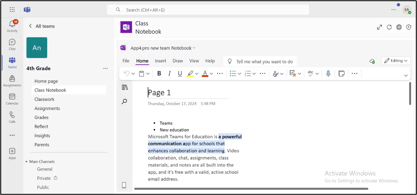 Microsoft Education Teams Notebook in the target tenant