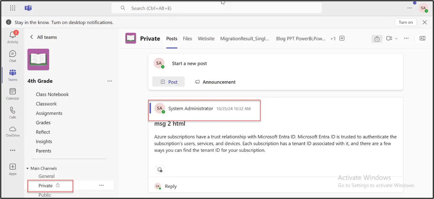 Microsoft EDU Teams private channel in the source tenant