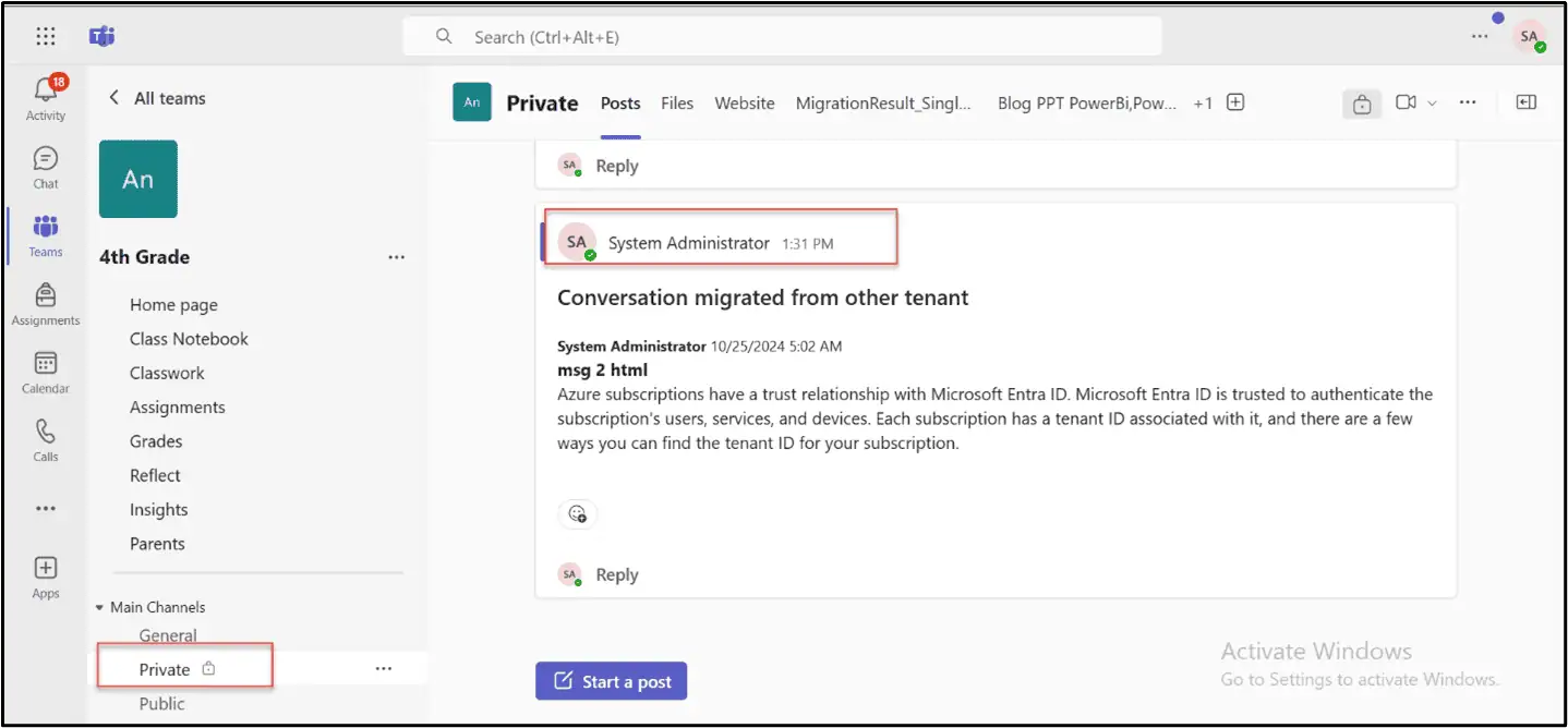 Microsoft EDU Teams private channel in the target tenant 