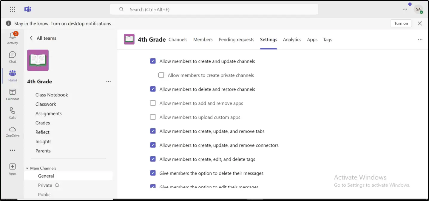 Microsoft EDU Teams settings in the source tenant   