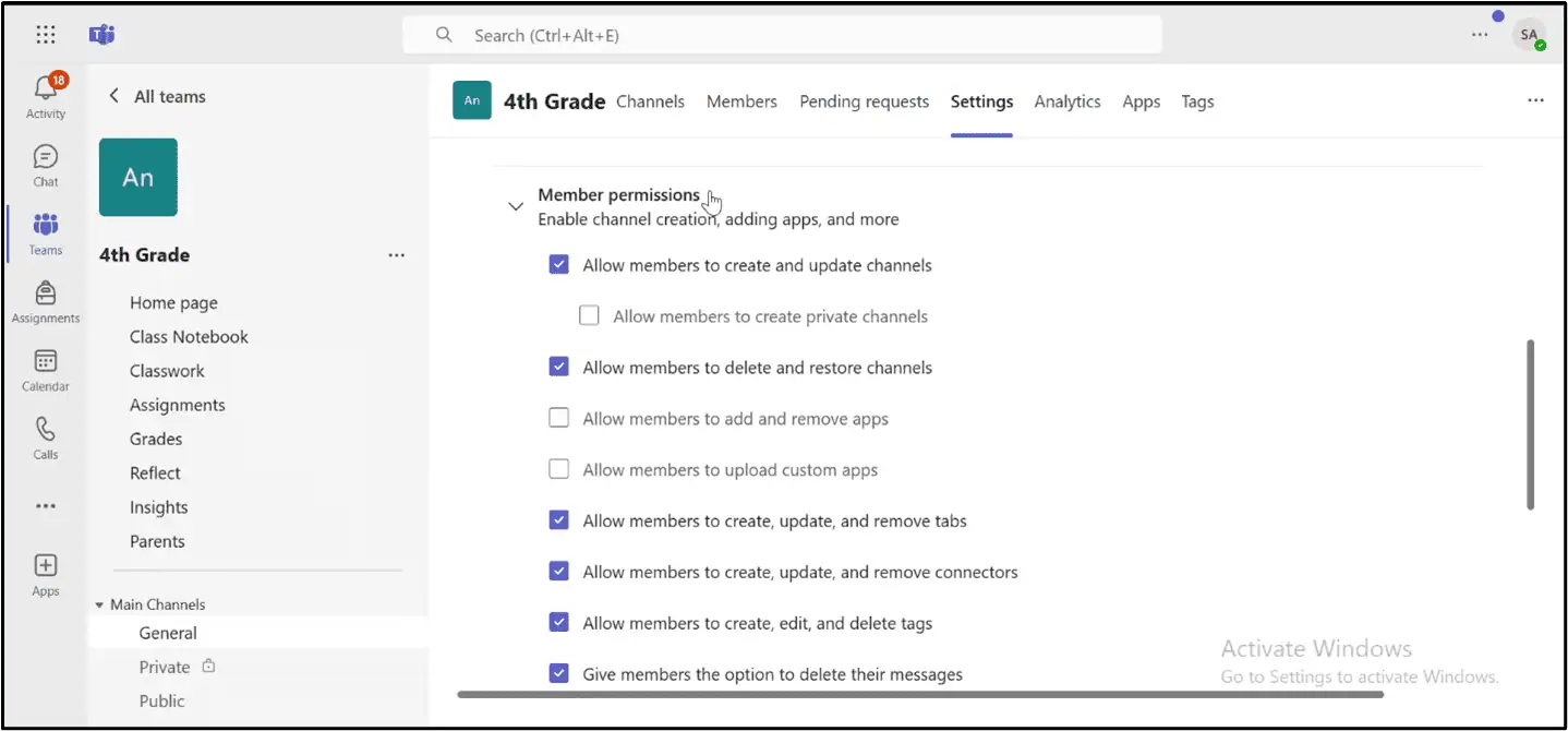 Microsoft EDU Teams settings in the target tenant