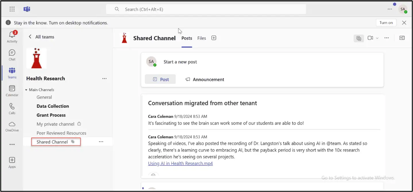 Microsoft EDU Teams shared channel in the target tenant   
