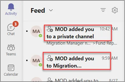 Notification message displayed when a user is added to a channel in the Target Team during Migration.