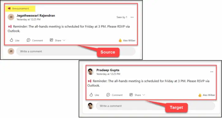 Yammer announcement in the source vs. the target tenant, illustrating that announcements migrate as normal posts.