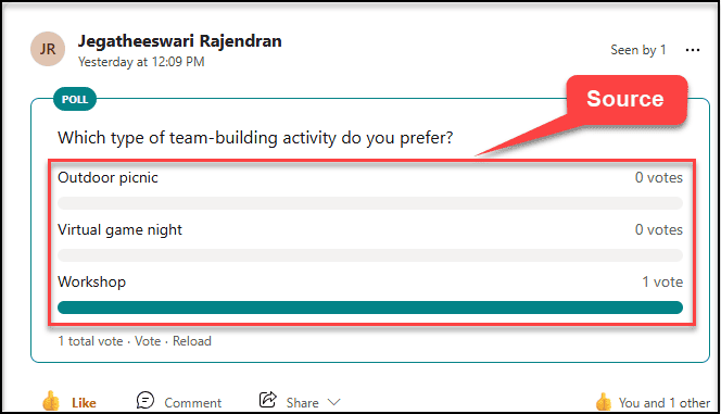 Image showing a Yammer poll in the source tenant and its responses.