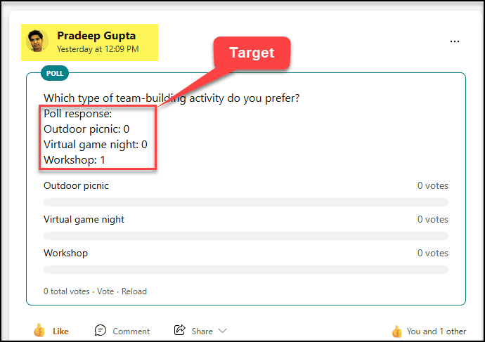 Image showing a Yammer poll and its responses migrated as comments in the target tenant.