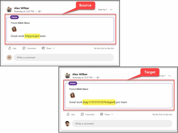 comparing a tag in Yammer ‘Praise’ message in the source tenant and its migrated version as regular text in the target tenant’s external network