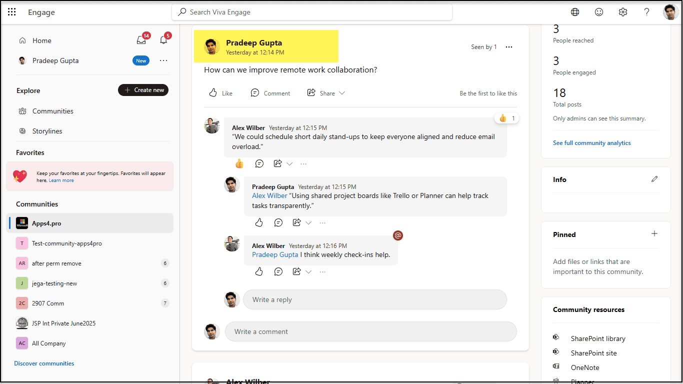 The same community post after migration to the target tenant, showing the mapped user’s name, date, and time preserved.