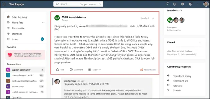 Skipping User Impersonation – How a post looks in the Target community.
